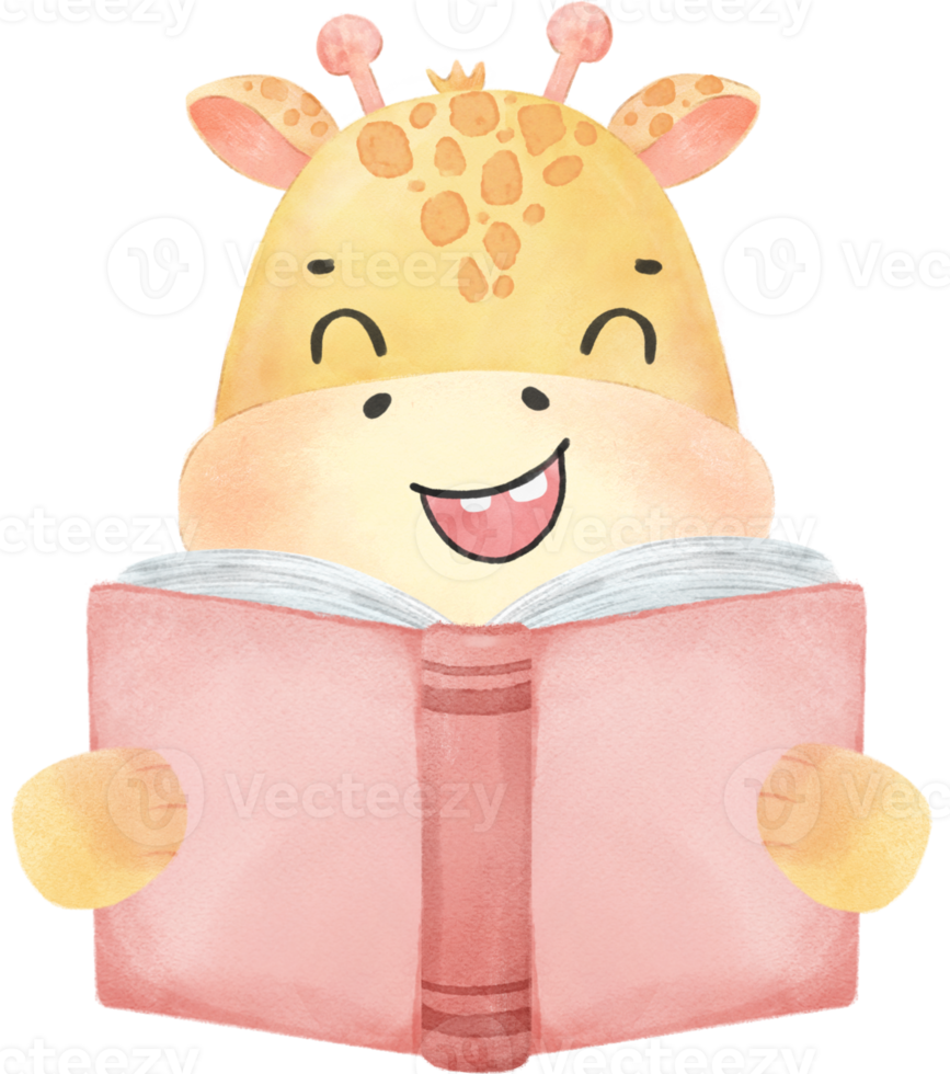 cute watercolour safari giraffe animals kid back to school reading book cartoon png