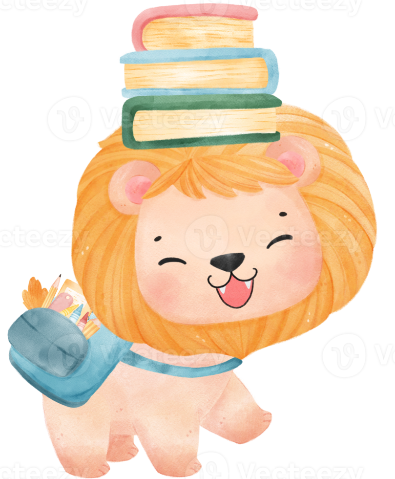 cute watercolour baby lion animal kid reading book, back to school cartoon character illustration png