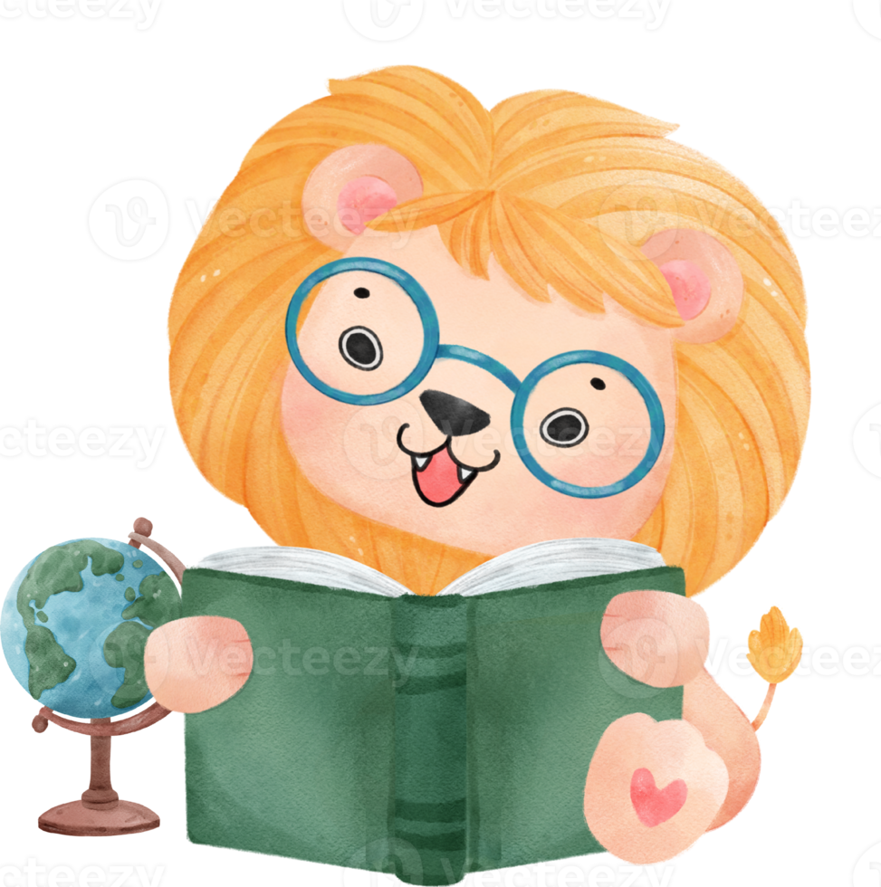 cute watercolour baby lion animal kid reading book, back to school cartoon character illustration png