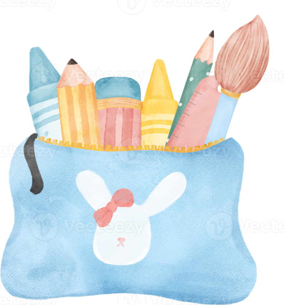 cute pastel school pencil stationary girly pouch bag  stationary cartoon  watercolour illustration png