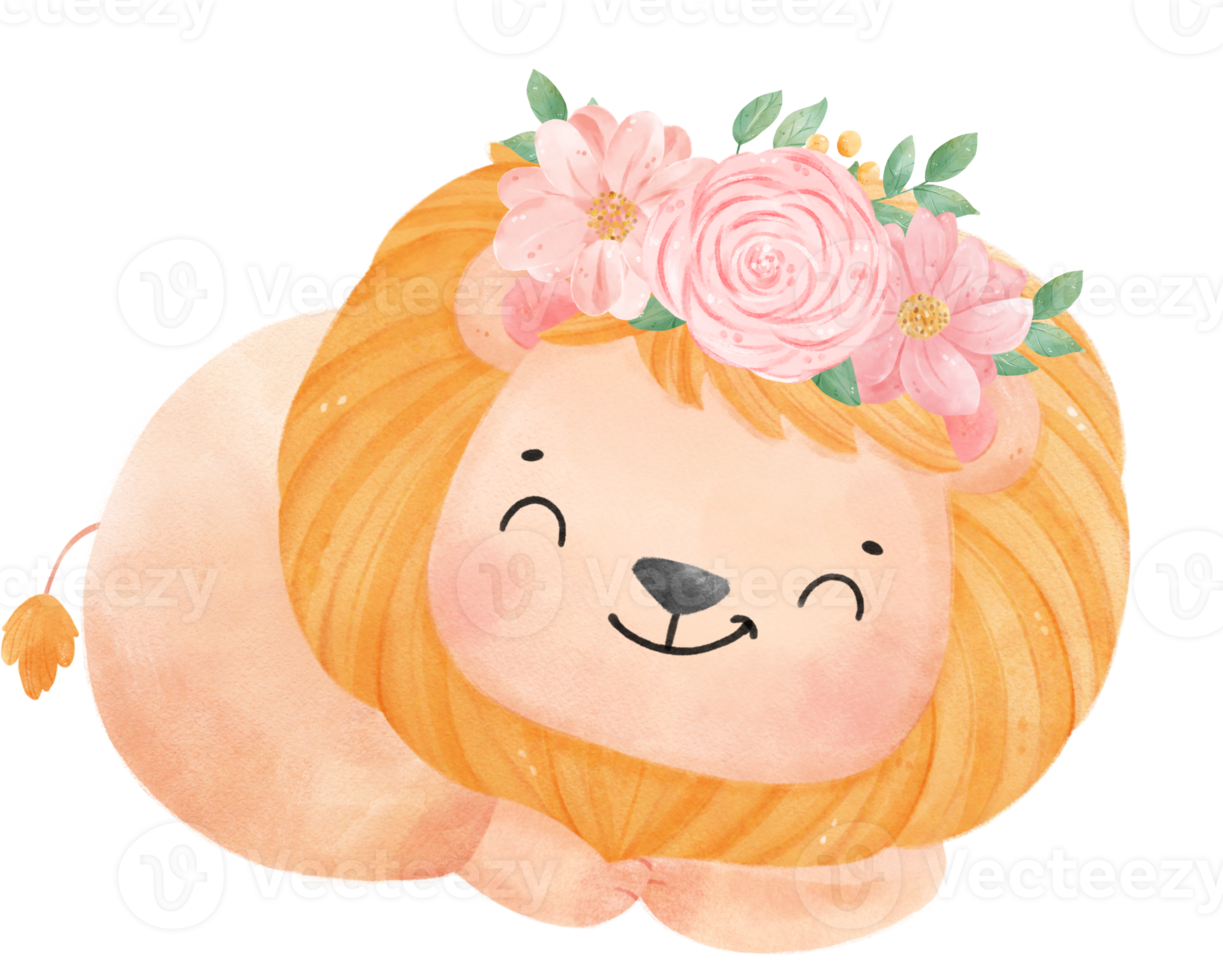 mignonne sucré content bébé Lion avec floral couronne aquarelle enfant animal illustration png