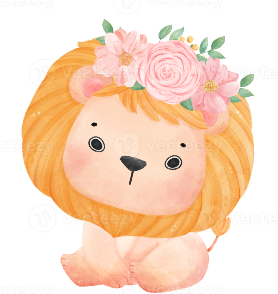 Cute sweet happy baby lion with floral crown watercolour kid animal illustration png