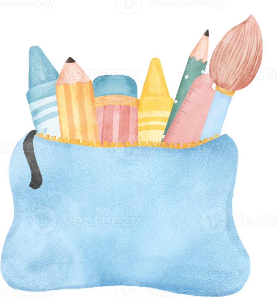 cute pastel school pencil stationary girly pouch bag  stationary cartoon  watercolour illustration png