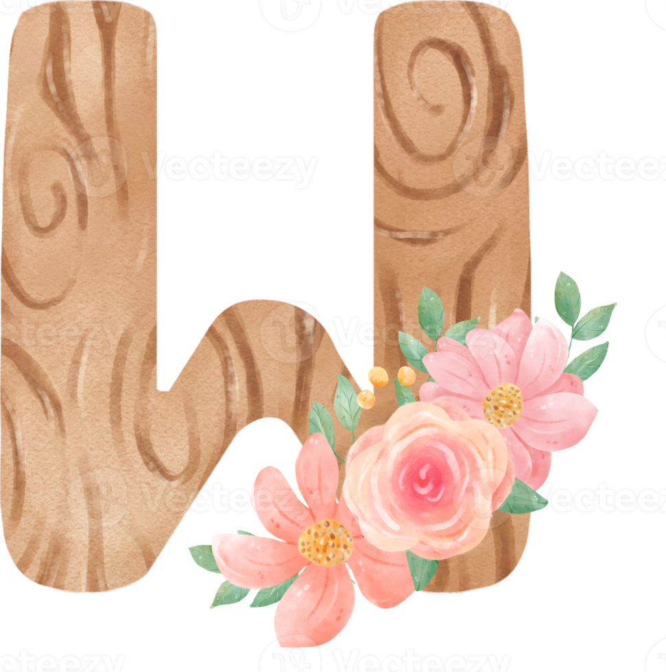 fofa aguarela floral de madeira alfabeto carta W png