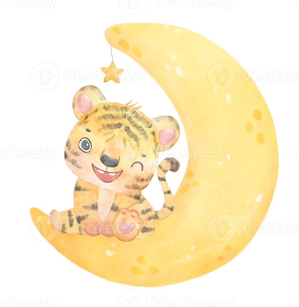 cute sweet innocence baby tiger on dreamy crescent moon phase kid nursery watercolour Illustration png