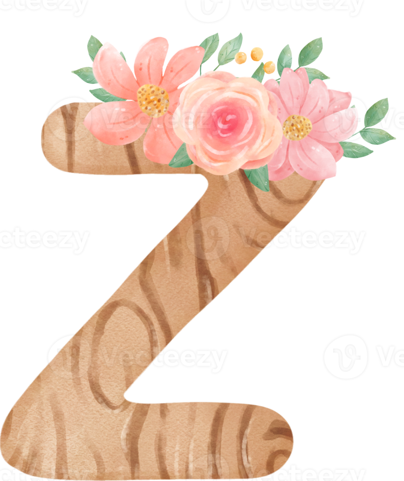 cute watercolour FLORAL wooden Alphabet letter Z png