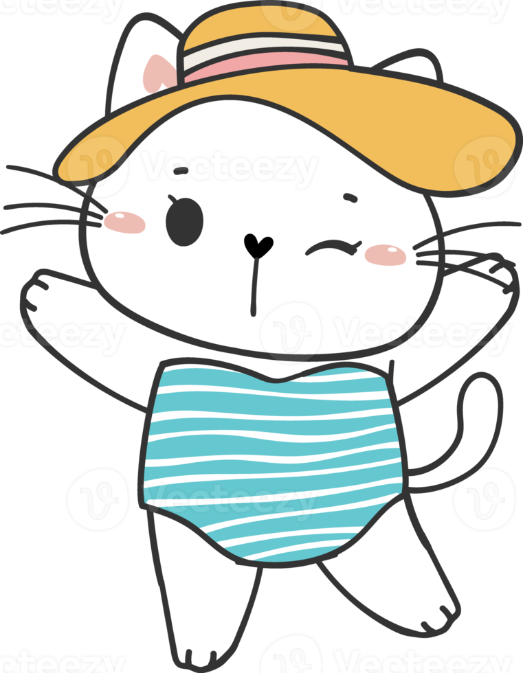 cute summer funny playful kitten cat in sexy bikini swimsuit cartoon doodle hand drawing png
