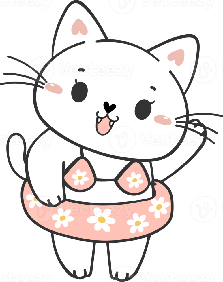 cute summer funny playful kitten cat in sexy bikini swimsuit cartoon doodle hand drawing png