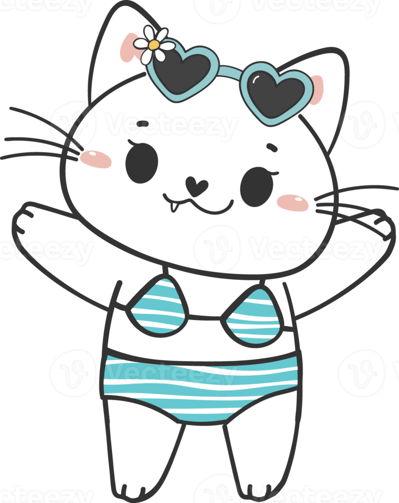 cute summer funny playful kitten cat in sexy bikini swimsuit cartoon doodle hand drawing png