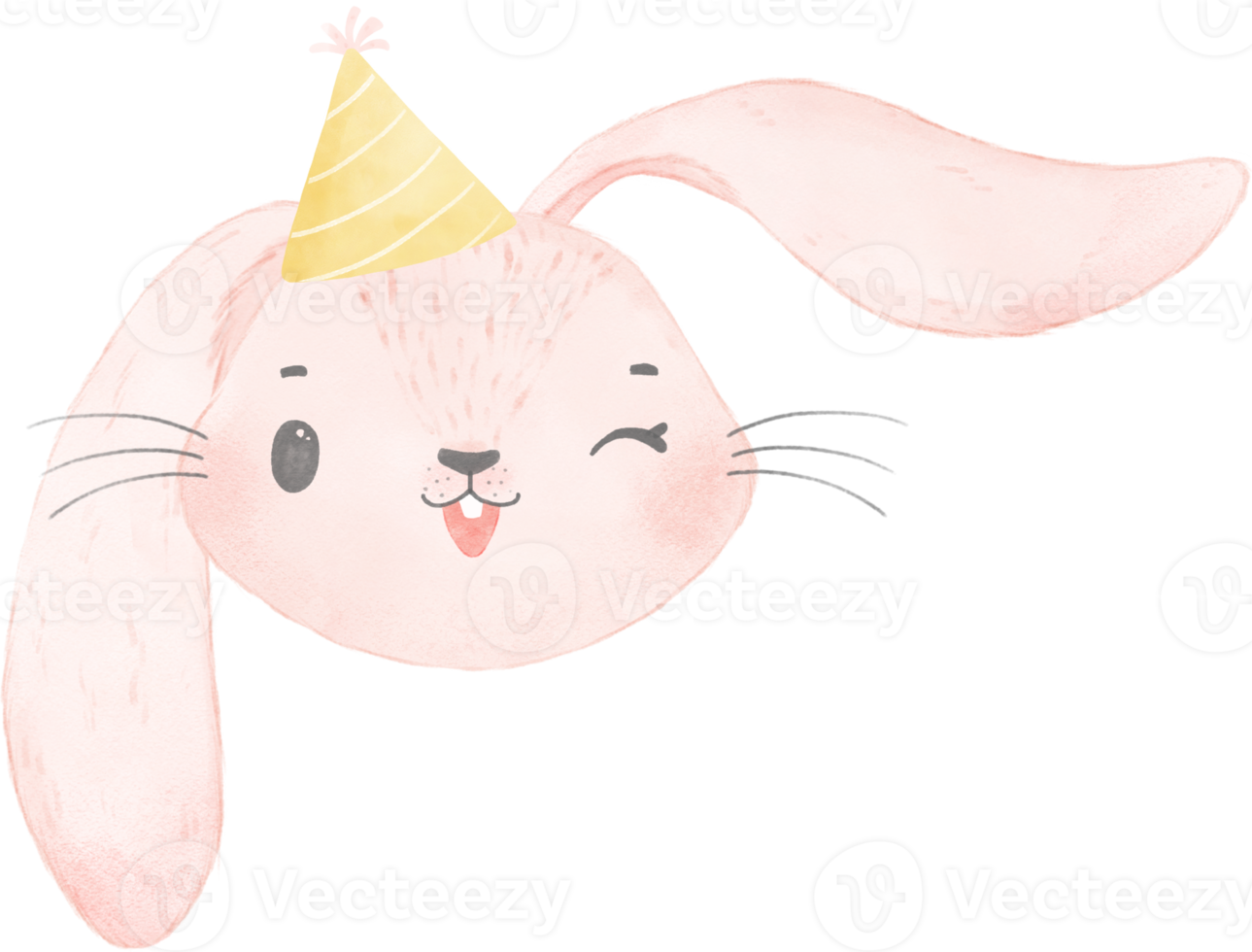 Adorable whimsical sweet happy baby pink bunny rabbit face head with colourful soft paster polka dot party hat watercolour illustration png