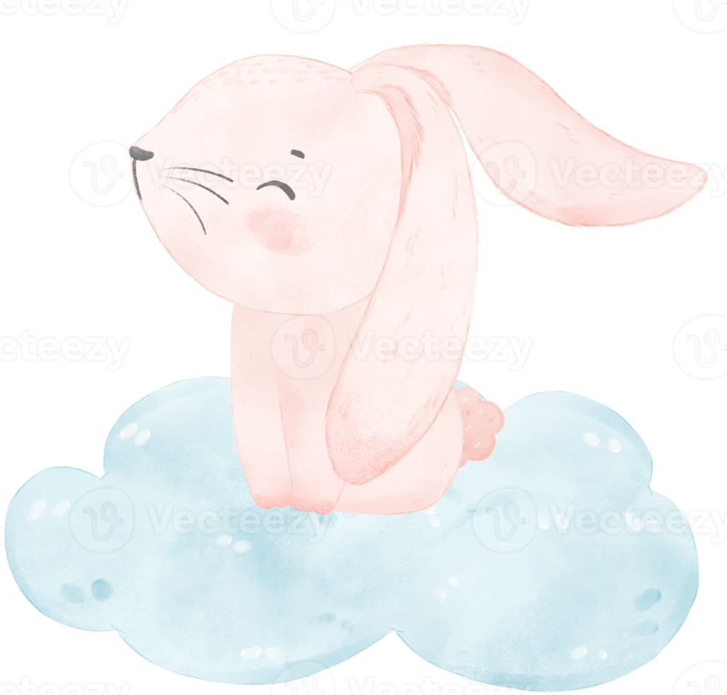 adorable caprichoso contento dulce bebé rosado conejito Conejo en suave azul nube niños acuarela ilustración png