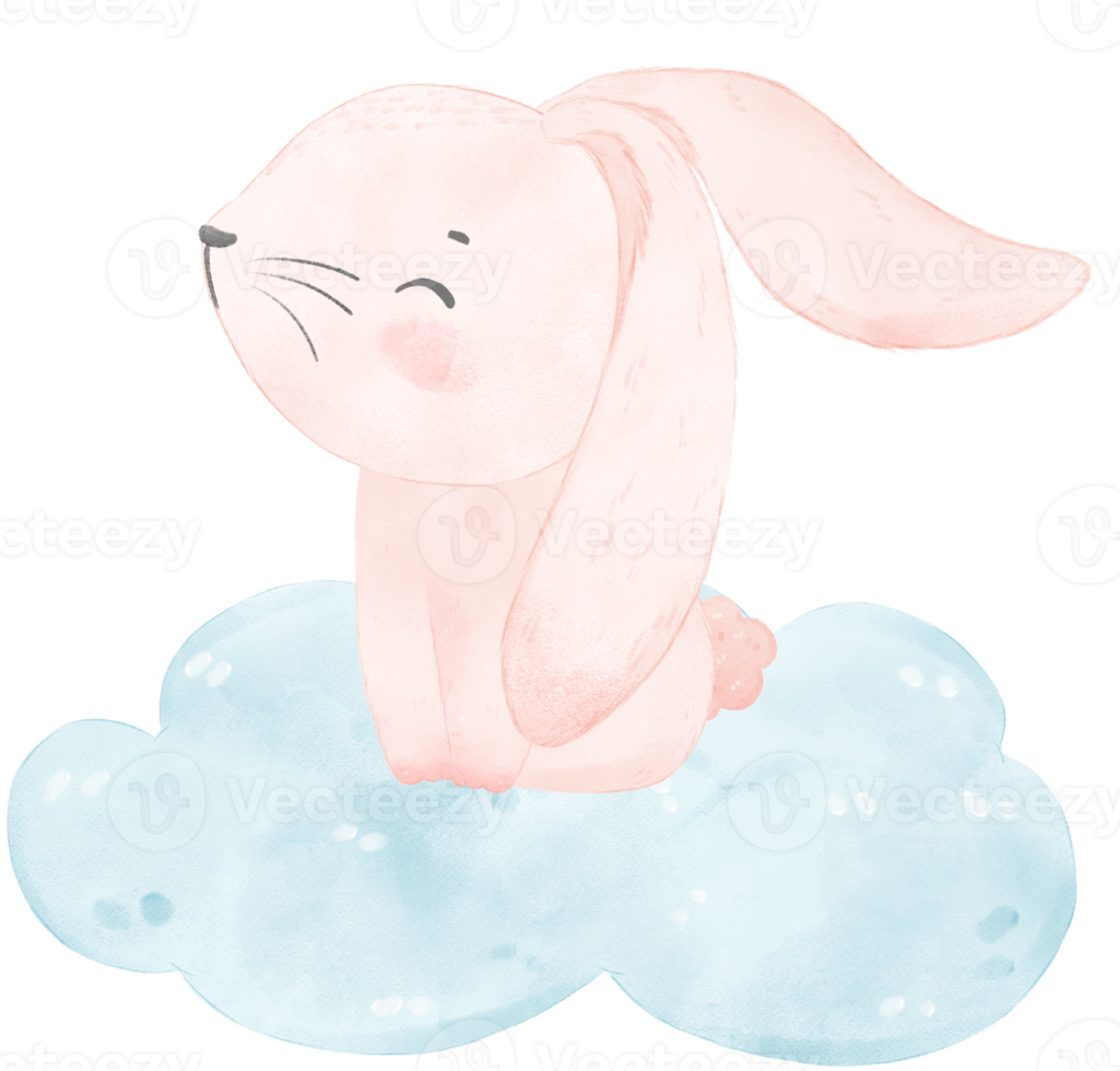 Adorable whimsical happy sweet baby pink bunny rabbit on soft blue cloud children watercolor illustration png