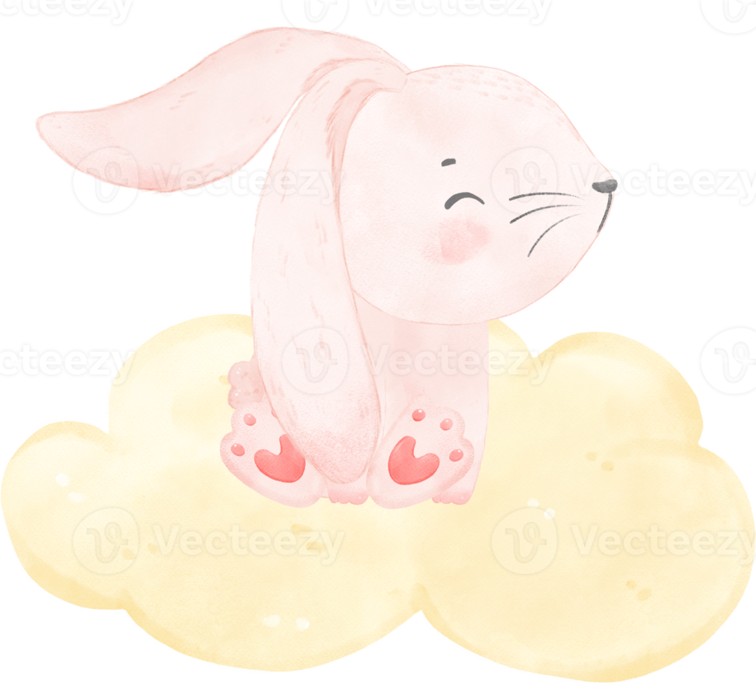 förtjusande nyckfull Lycklig bebis rosa kanin kanin på gul grädde moln barn barnkammare vattenfärg illustration png