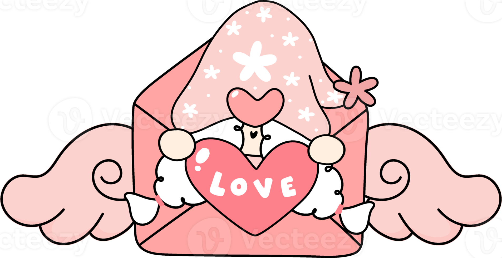 Cute Happy sweet pink Valentine Gnome cartoon doodle hand drawing png