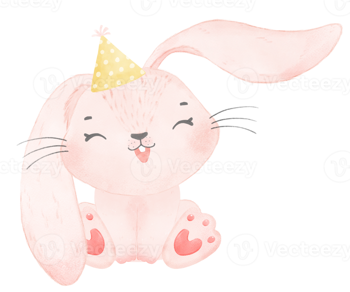 Adorable whimsical happy baby pink bunny rabbit with colourful party hat, children watercolor illustration png