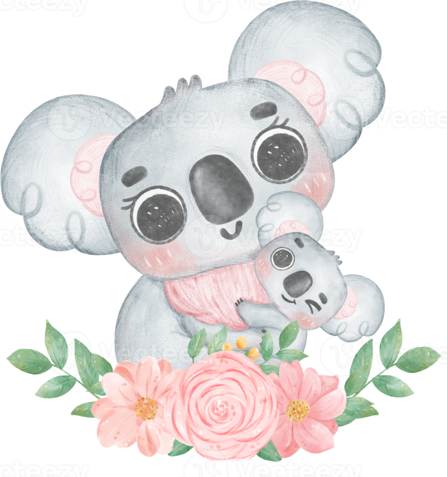 Cute Fuzzy-Eared Koala mother and baby with sweet flower banner Happy mother day watercolour whimsical Illustration png