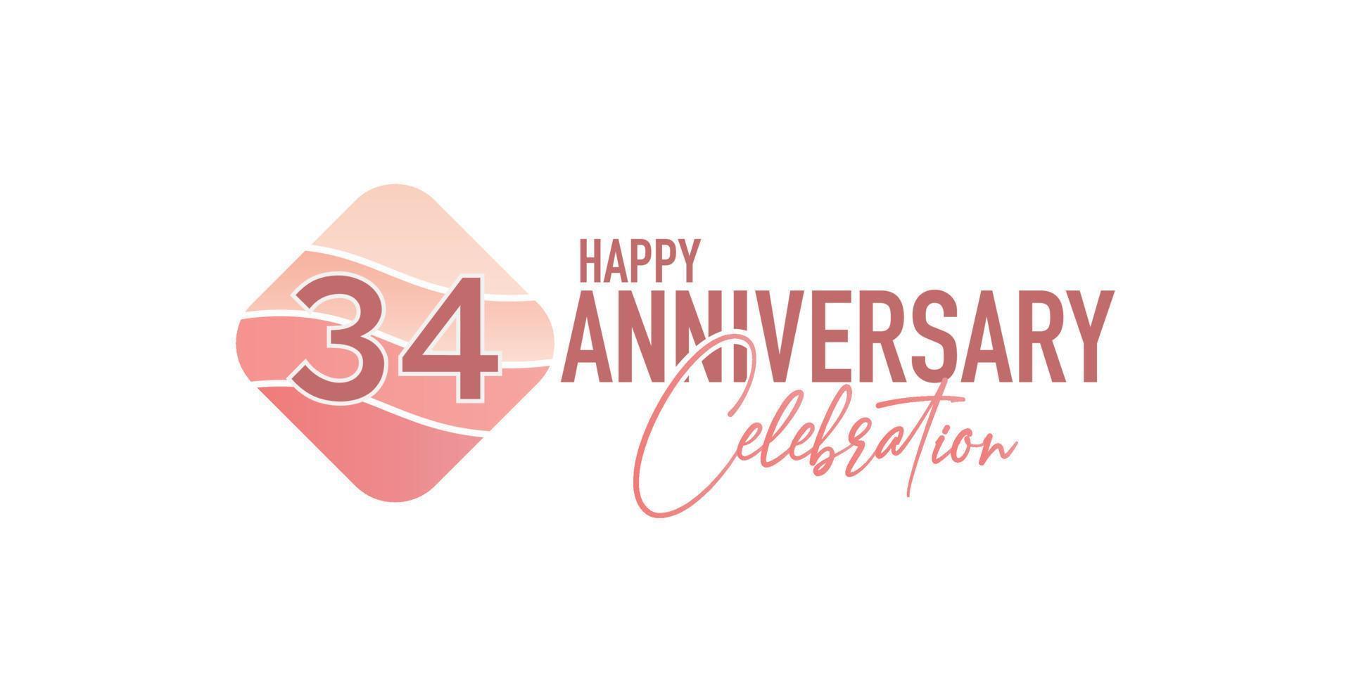 34 years anniversary logo vector illustration design celebration with pink geometric design