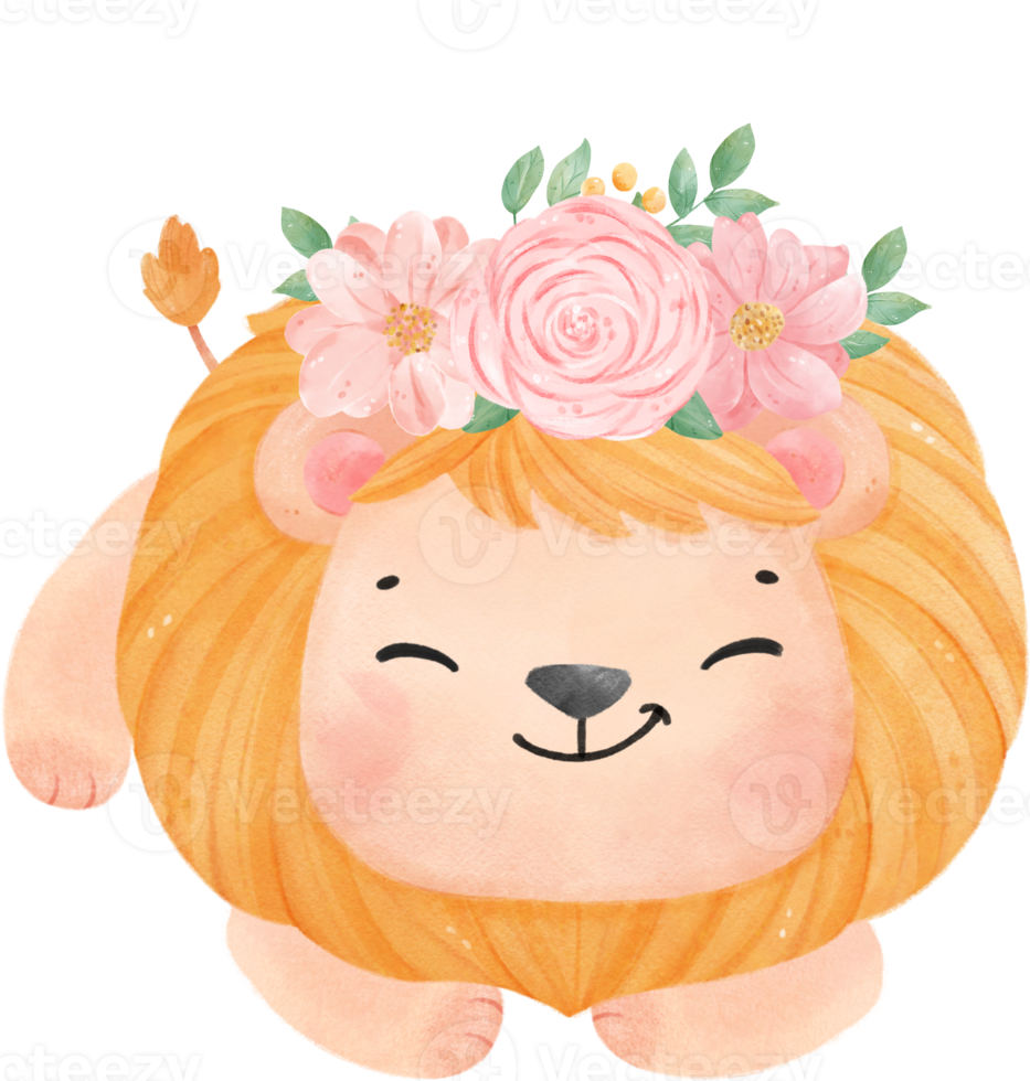 Cute sweet happy baby lion with floral crown watercolour kid animal illustration png