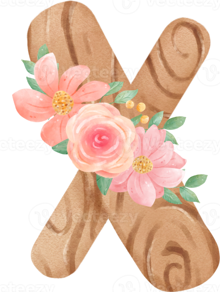 linda acuarela floral de madera alfabeto letra X png