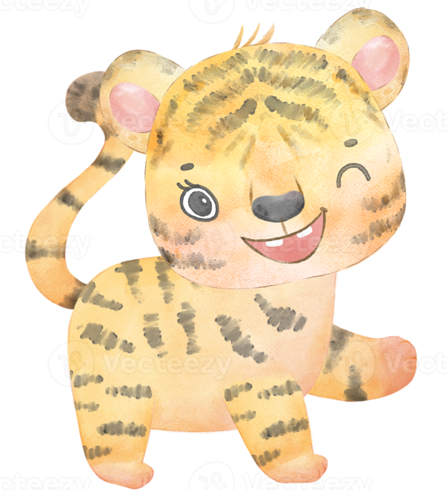 carino contento giocoso bambino tigre acquerello ragazzo animali natura cartone animato pittura illustrazione png