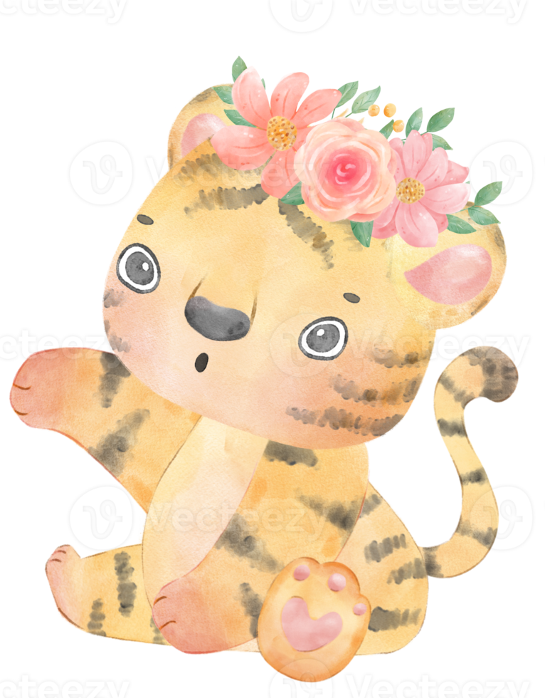 cute baby playful tiger with floral crown, whimsical children animal watercolour illustration png