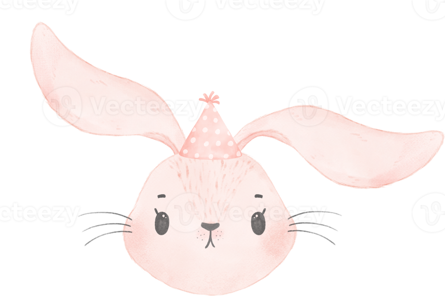 Adorable whimsical sweet happy baby pink bunny rabbit face head with colourful soft paster polka dot party hat watercolour illustration png