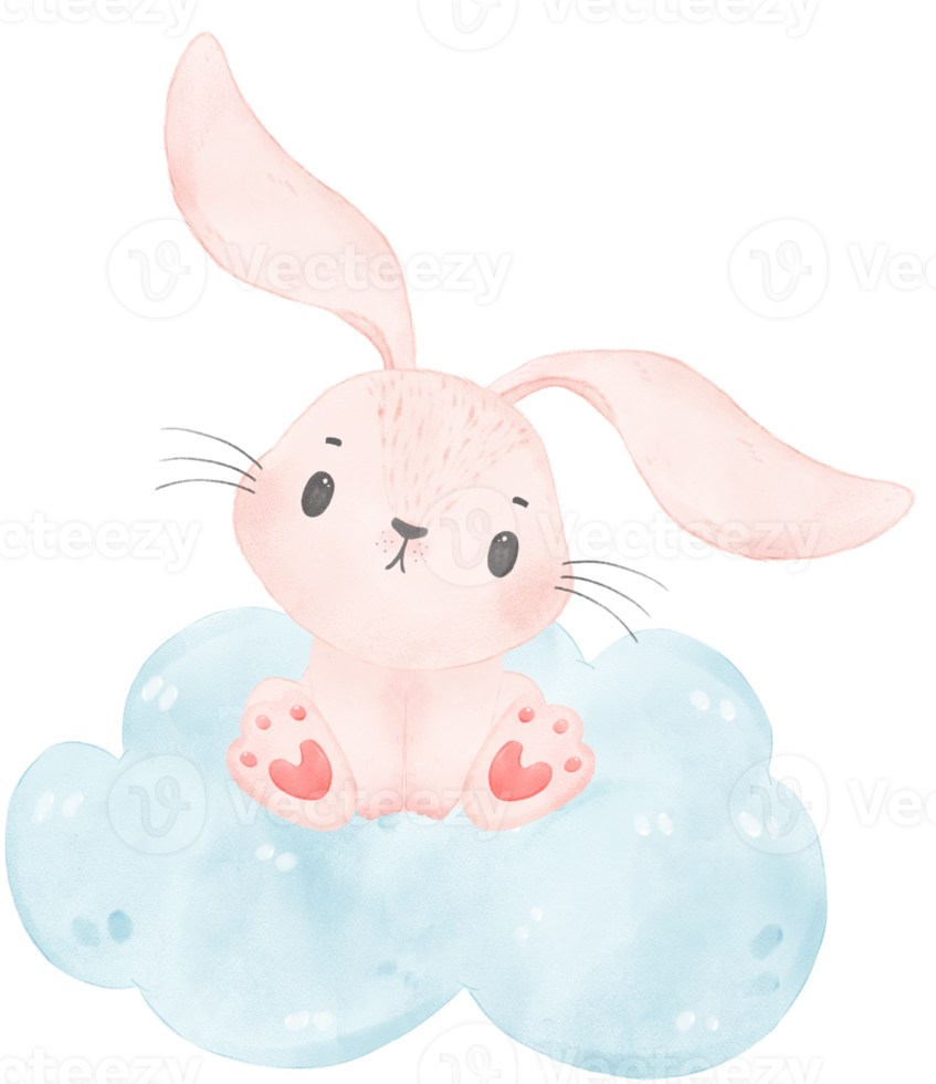 förtjusande nyckfull Lycklig ljuv bebis rosa kanin kanin på mjuk blå moln barn vattenfärg illustration png