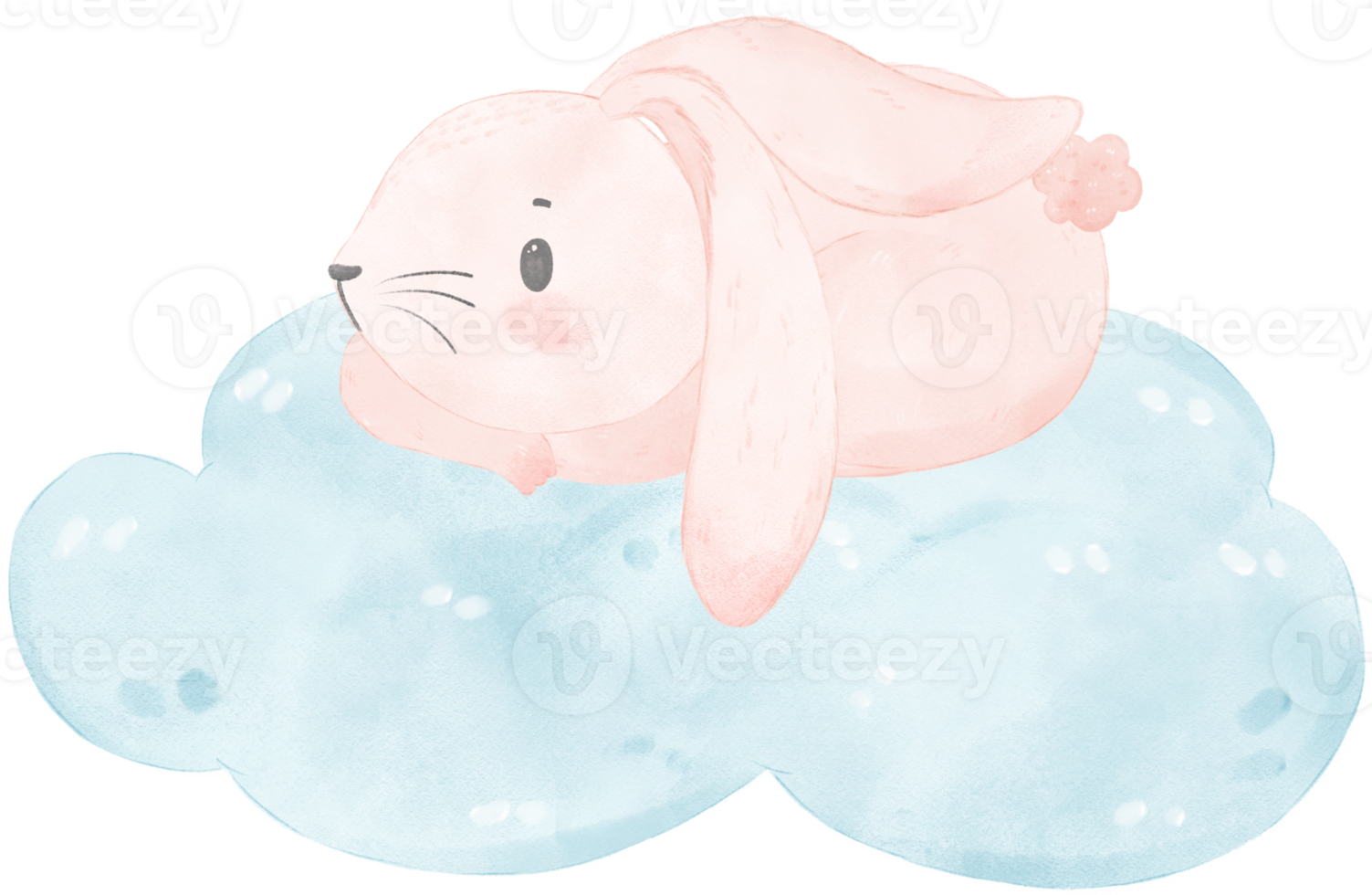 Adorable whimsical happy sweet baby pink bunny rabbit on soft blue cloud children watercolor illustration png