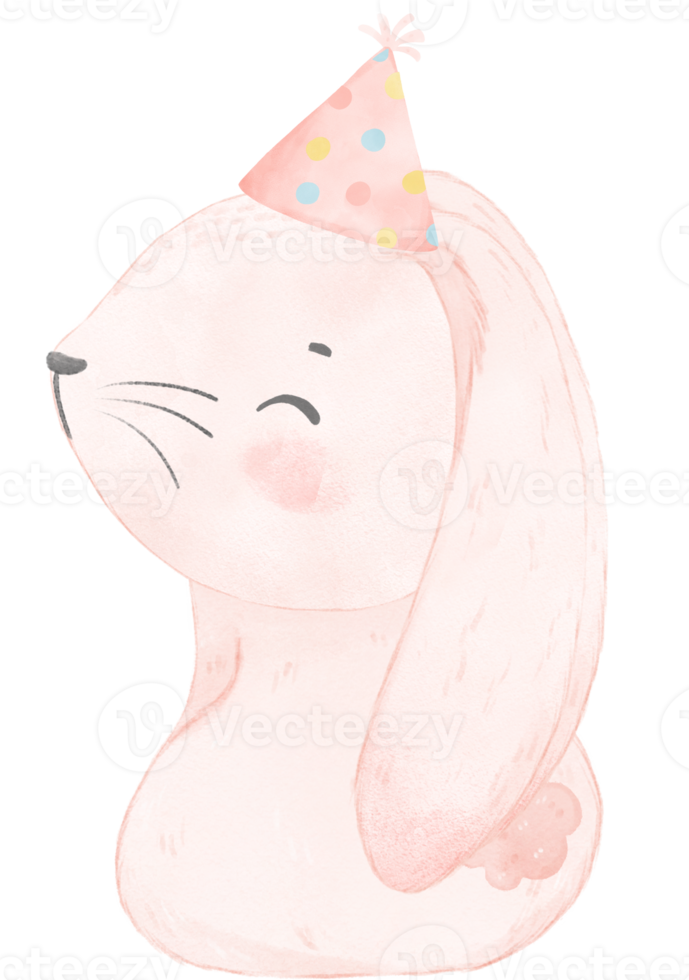 Adorable whimsical happy baby pink bunny rabbit with colourful party hat, children watercolor illustration png