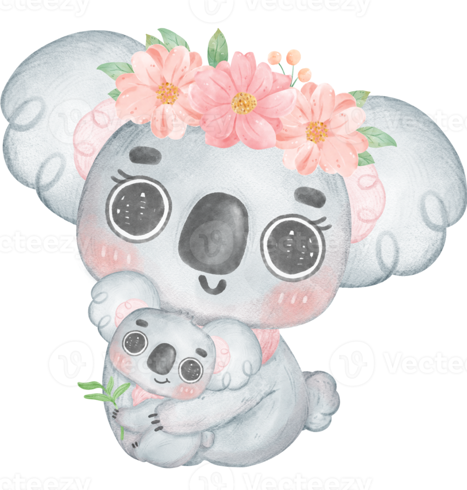 Cute Fuzzy-Eared Koala mother and baby with sweet flower banner Happy mother day watercolour whimsical Illustration png