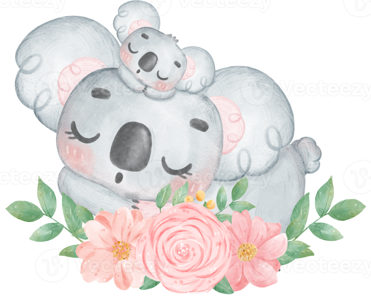 süß Fuzzy-Ohren Koala Mutter und Baby mit Süss Blume Banner glücklich Mutter Tag Aquarell wunderlich Illustration png