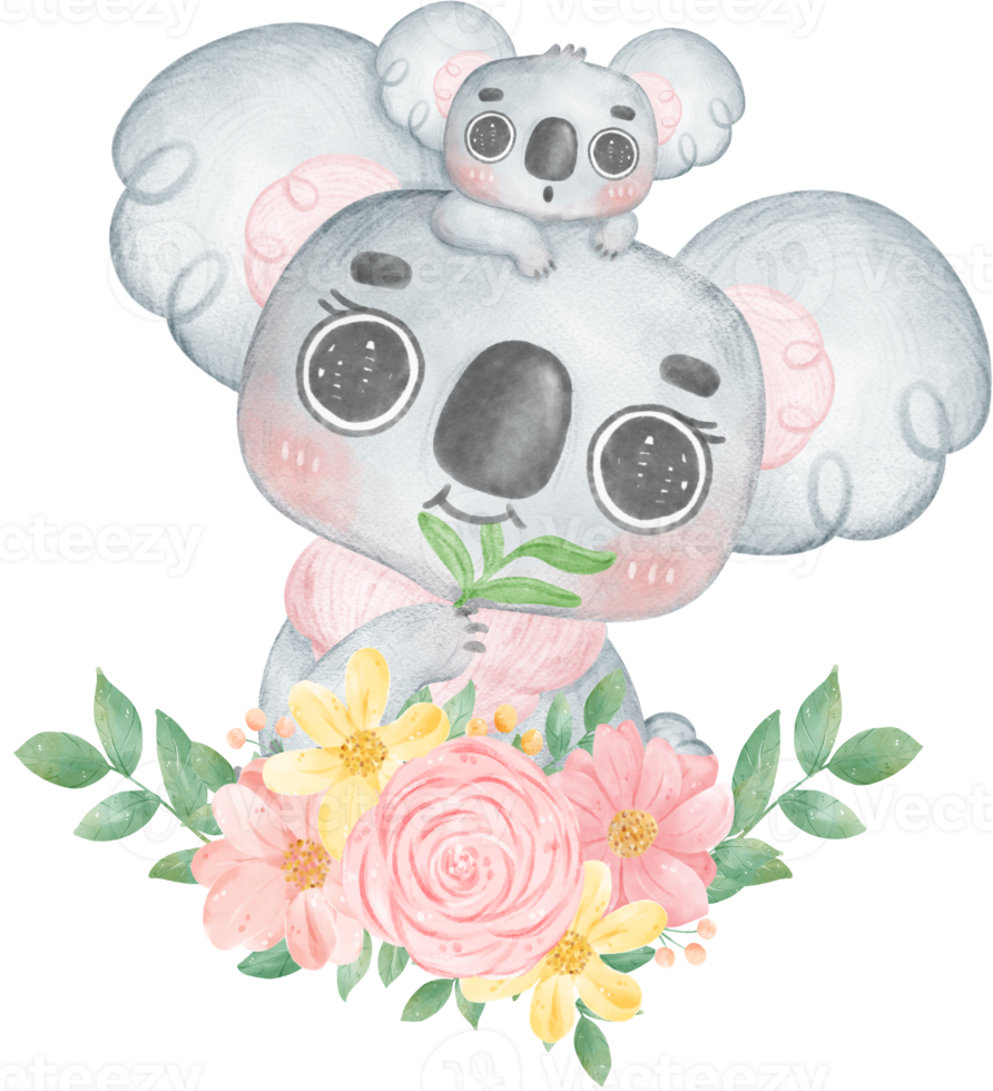 Cute Fuzzy-Eared Koala mother and baby with sweet flower banner Happy mother day watercolour whimsical Illustration png