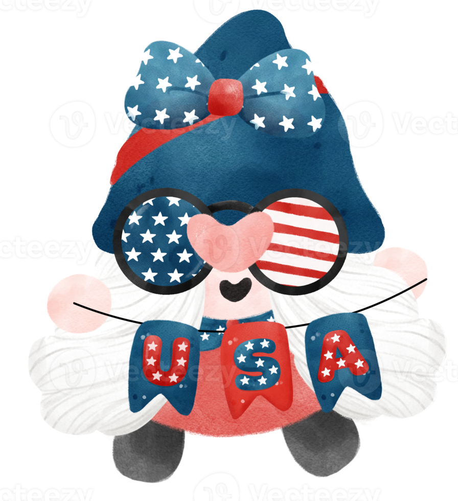 cute festive fun 4th of July Gnome watercolour celebrating America Independence freedom day cartoon hand drawing png