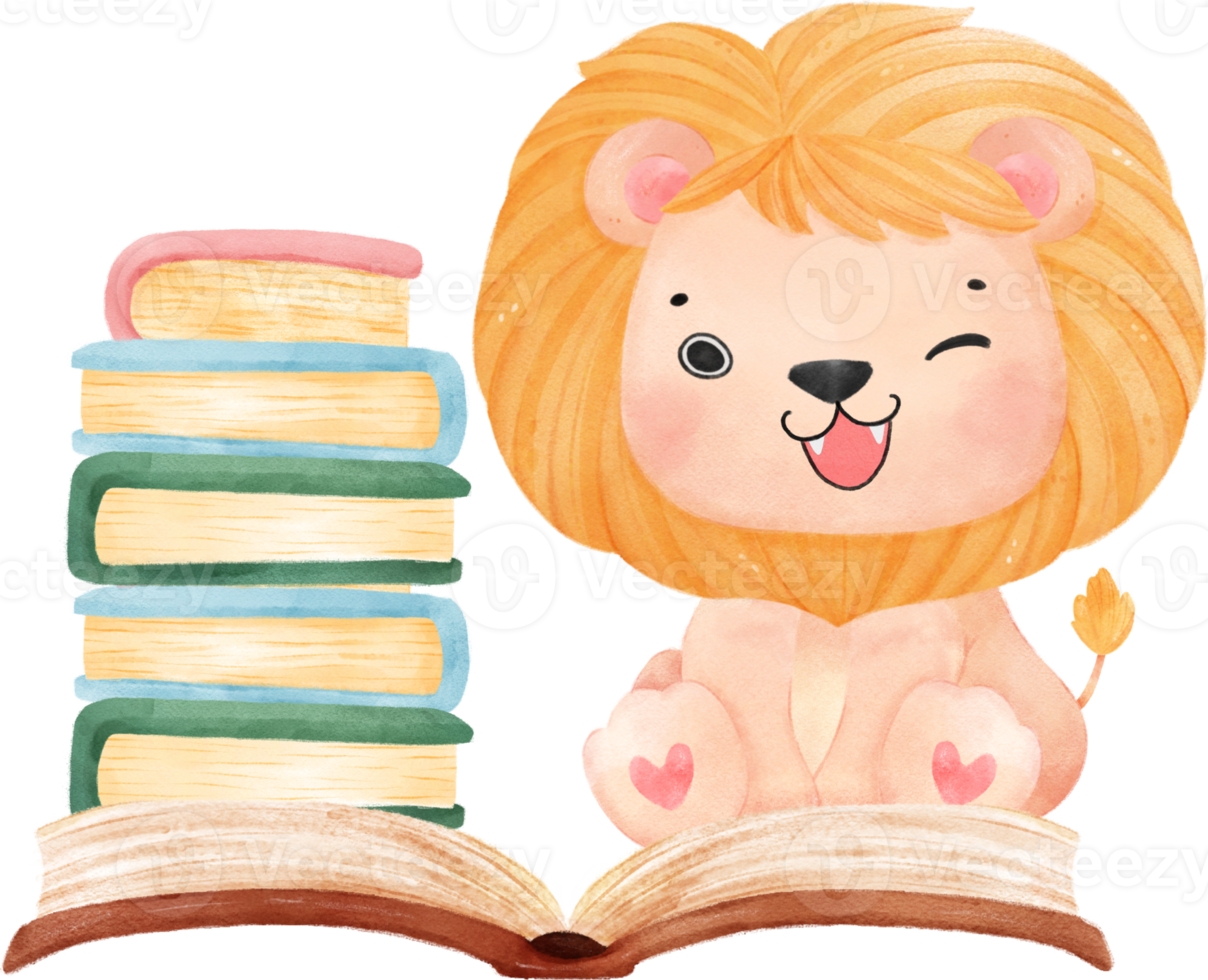 cute watercolour baby lion animal kid reading book, back to school cartoon character illustration png