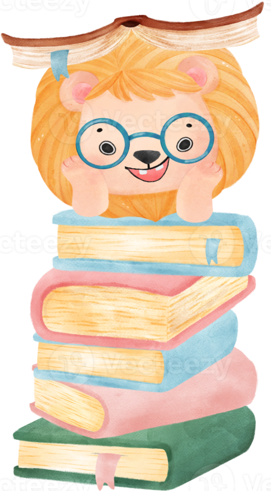 cute watercolour baby lion animal kid reading book, back to school cartoon character illustration png