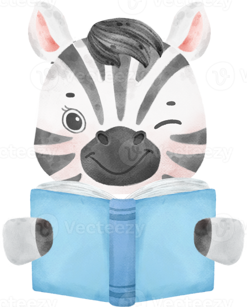 cute watercolour safari zebra animals kid back to school reading book