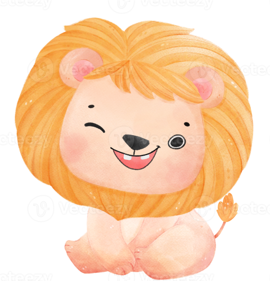cute happy baby lion kid playful innocence animal cartoon watercolour illustration png