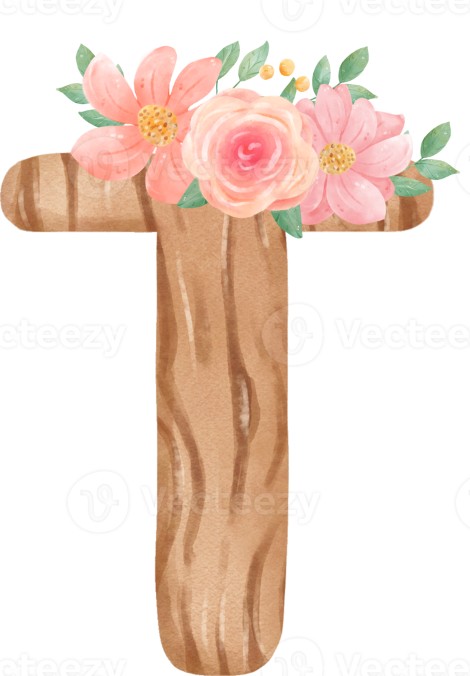 cute watercolour floral wooden Alphabet letter T png