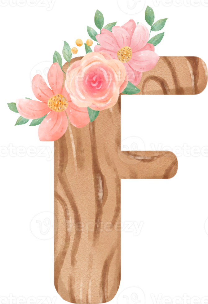 cute watercolour floral wooden Alphabet letter F png