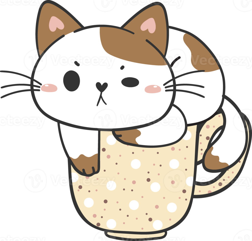 cute kawaii playful kitten cat in ceramics coffee mug cartoon doodle drawing png
