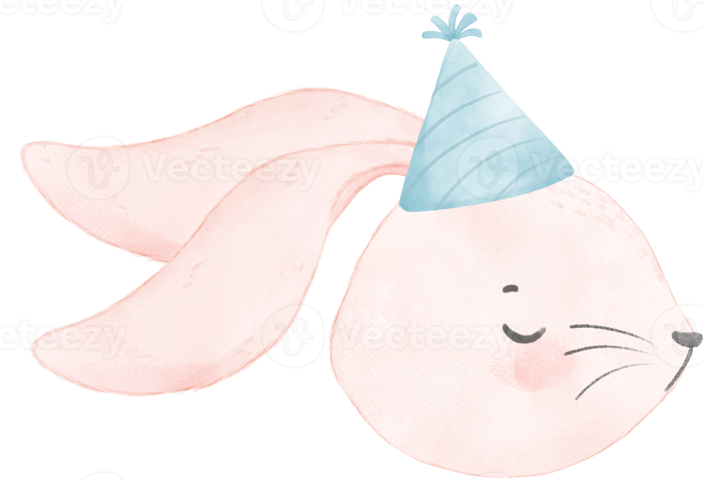 Adorable whimsical sweet happy baby pink bunny rabbit face head with colourful soft paster polka dot party hat watercolour illustration png