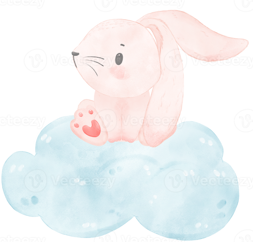 adorabile capriccioso contento dolce bambino rosa coniglietto coniglio su morbido blu nube bambini acquerello illustrazione png