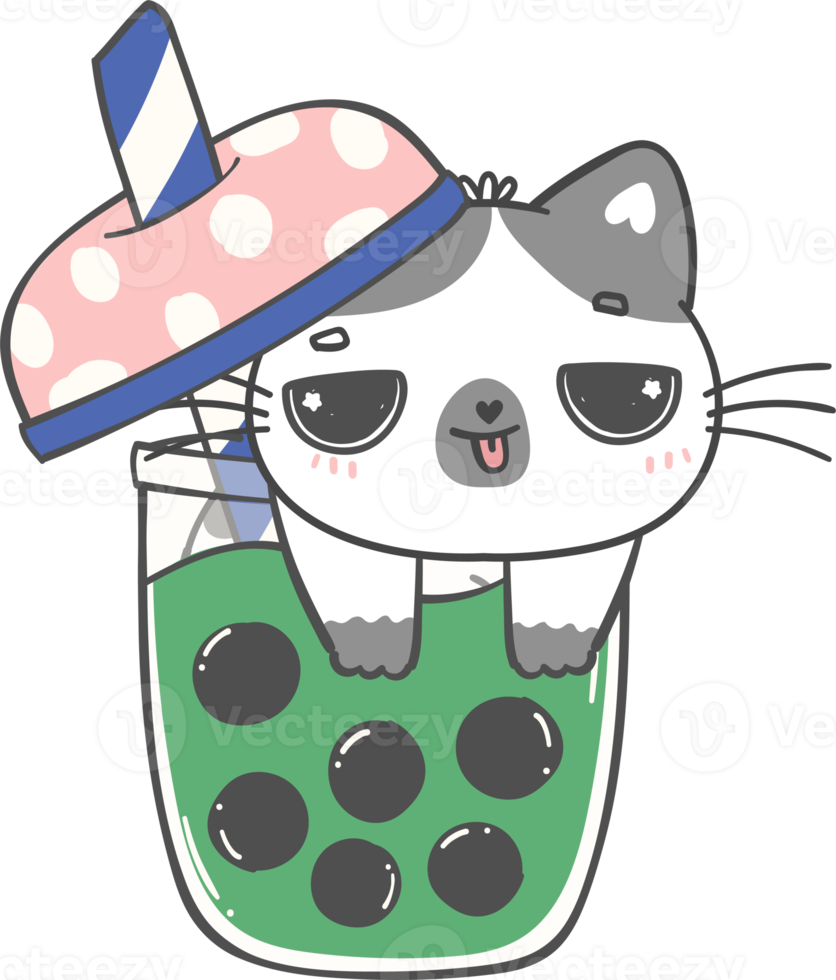 kawaii divertente bolla tè gatto amante, carino boba tè gattino cartone animato scarabocchio mano disegno png