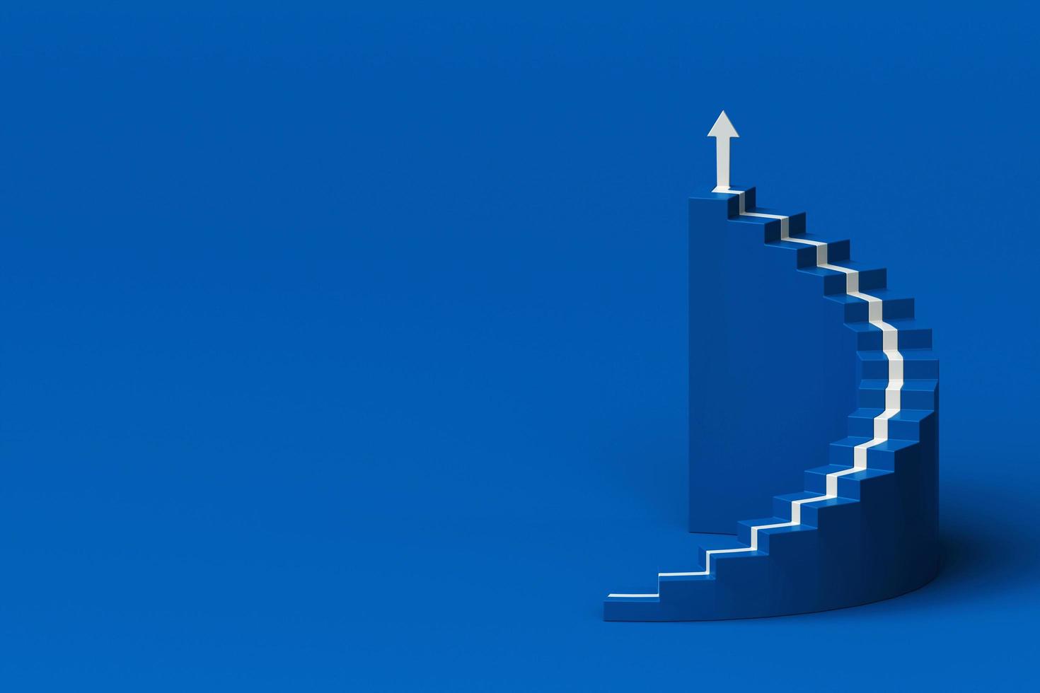 White arrow following the spiral staircase of growth on blue background, 3D arrow climbing up over spiral staircase, 3d stairs with arrow going upward, 3d rendering photo