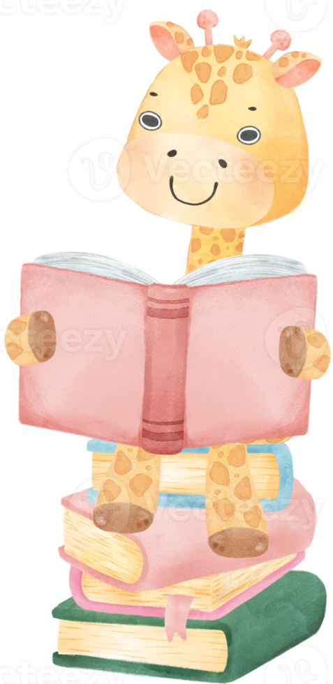 cute happy giraffe kid animal back to school with bag and books, children watercolour illustration png