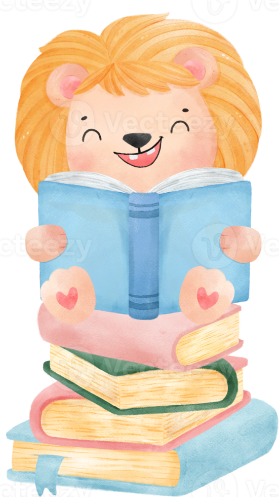 cute watercolour baby lion animal kid reading book, back to school cartoon character illustration png