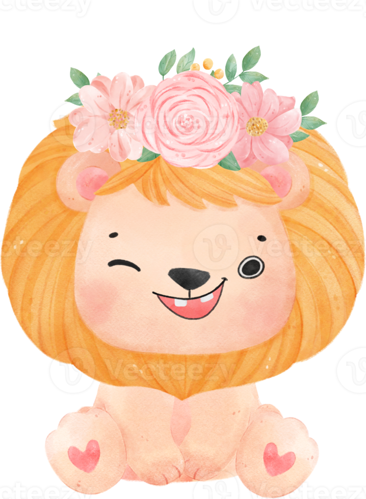 fofa doce feliz bebê leão com floral coroa aguarela criança animal ilustração png