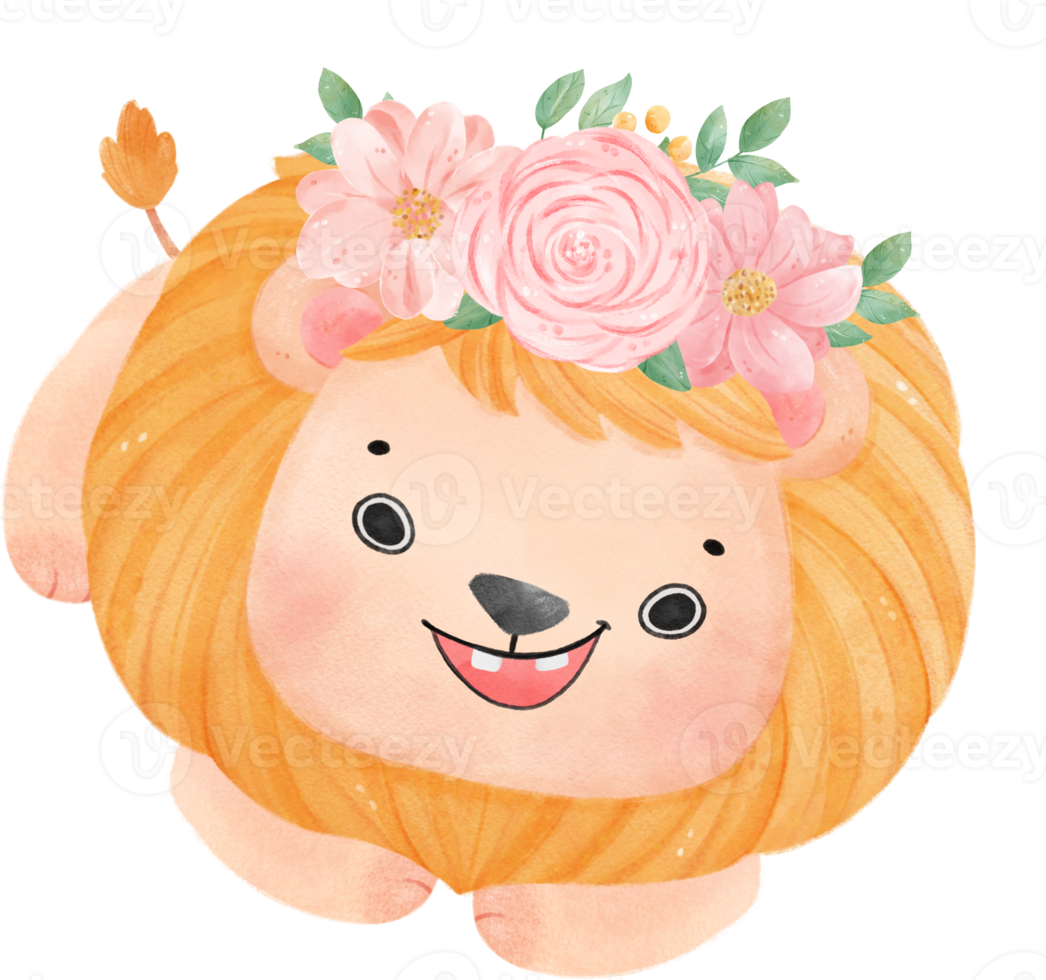 fofa doce feliz bebê leão com floral coroa aguarela criança animal ilustração png