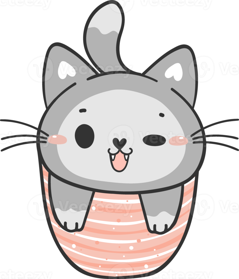 carino kawaii giocoso gattino gatto nel ceramica caffè boccale cartone animato scarabocchio disegno png