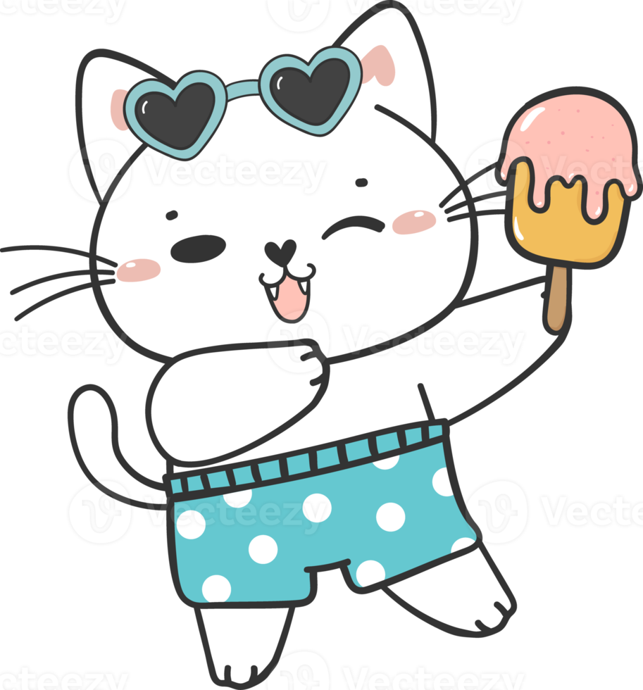 süß komisch Sommer- Strand spielerisch Kätzchen Katze im kurze Hose Karikatur Tier Hand Zeichnung Gekritzel png